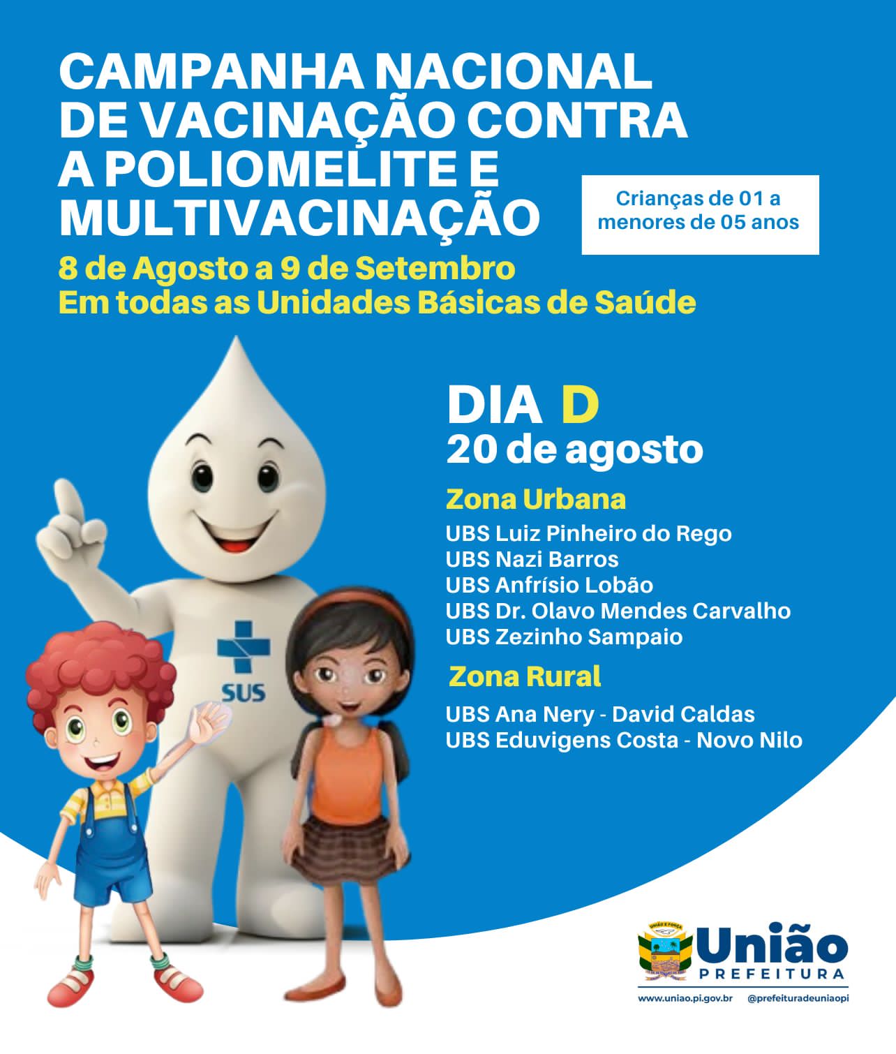 Prefeitura de União convoca população para Dia D de vacinação contra a poliomielite